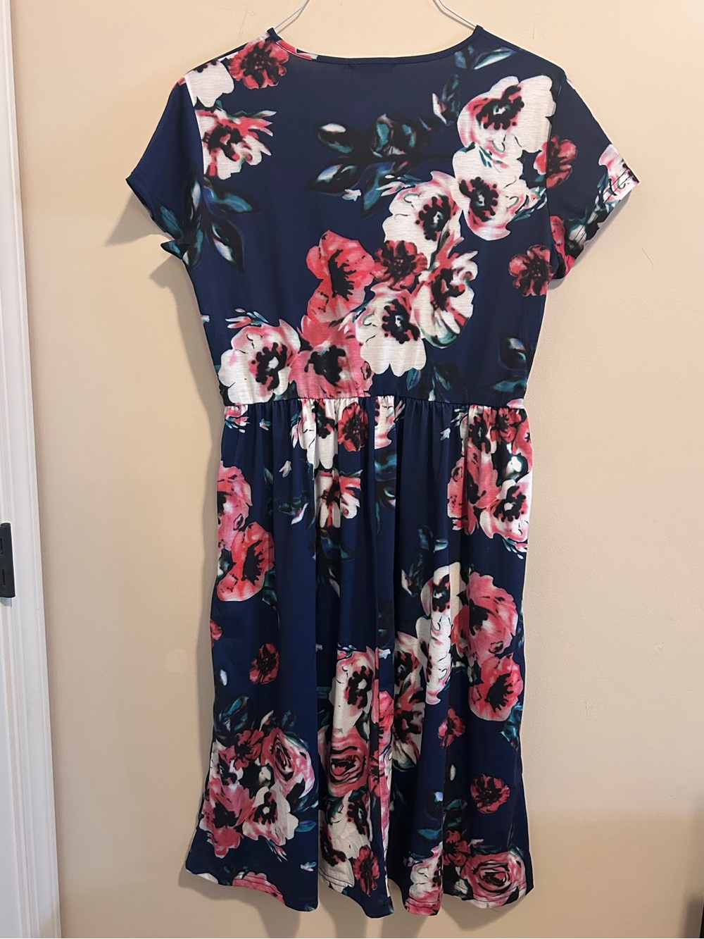 OUGES Navy Floral Midi Dress with Pink & White Blooms - Picture 2 of 4